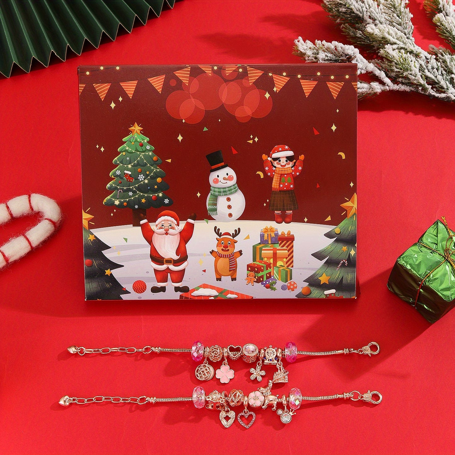 24 napos adventi kalendárium karácsonyi karkötővel, rose gold és arany díszekkel díszdobozban