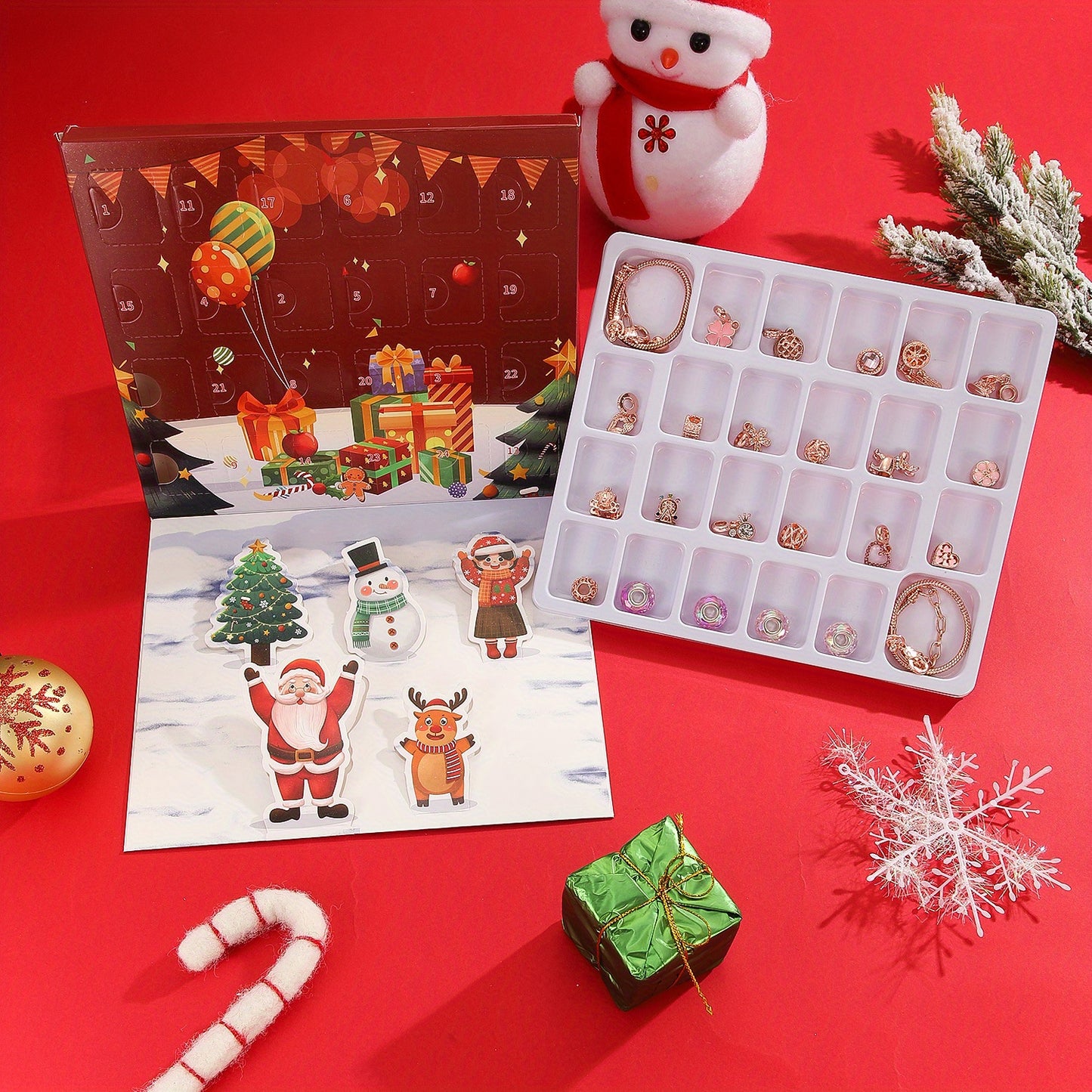 24 napos adventi kalendárium karácsonyi karkötővel, rose gold és arany díszekkel díszdobozban