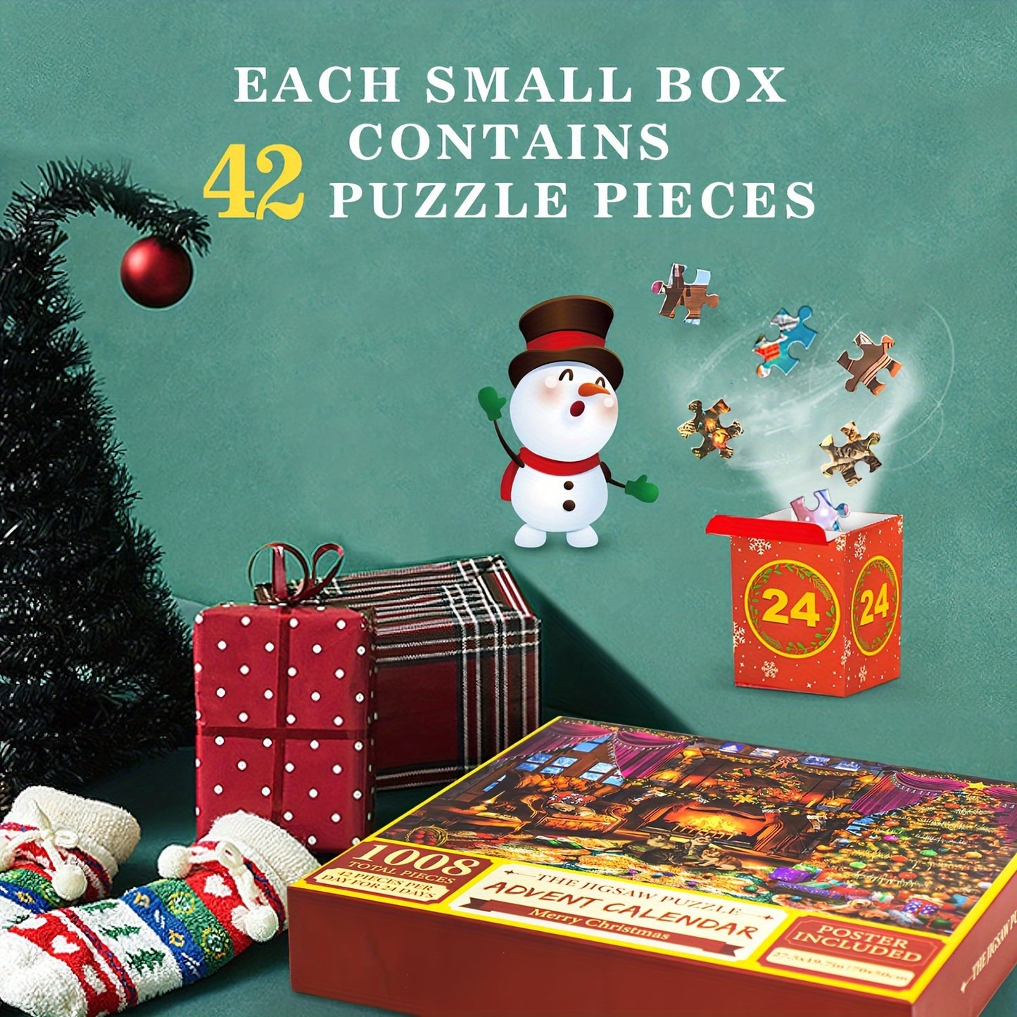 Karácsonyi Adventi Puzzle Kalendárium Mikulással, rénszarvassal és havas falusi jelenettel - 24 napos adventi naptár