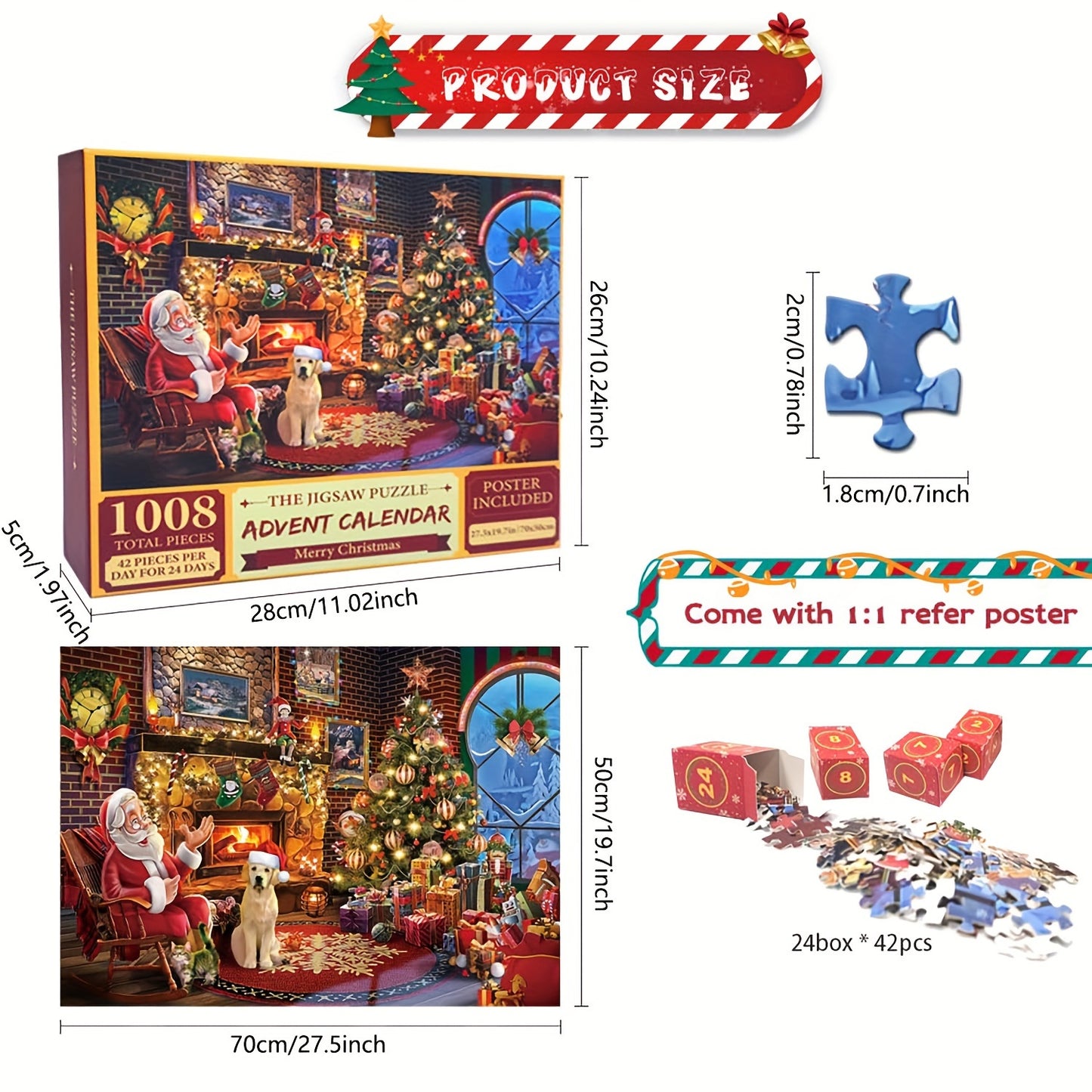 Karácsonyi Adventi Puzzle Kalendárium Mikulással, rénszarvassal és havas falusi jelenettel - 24 napos adventi naptár