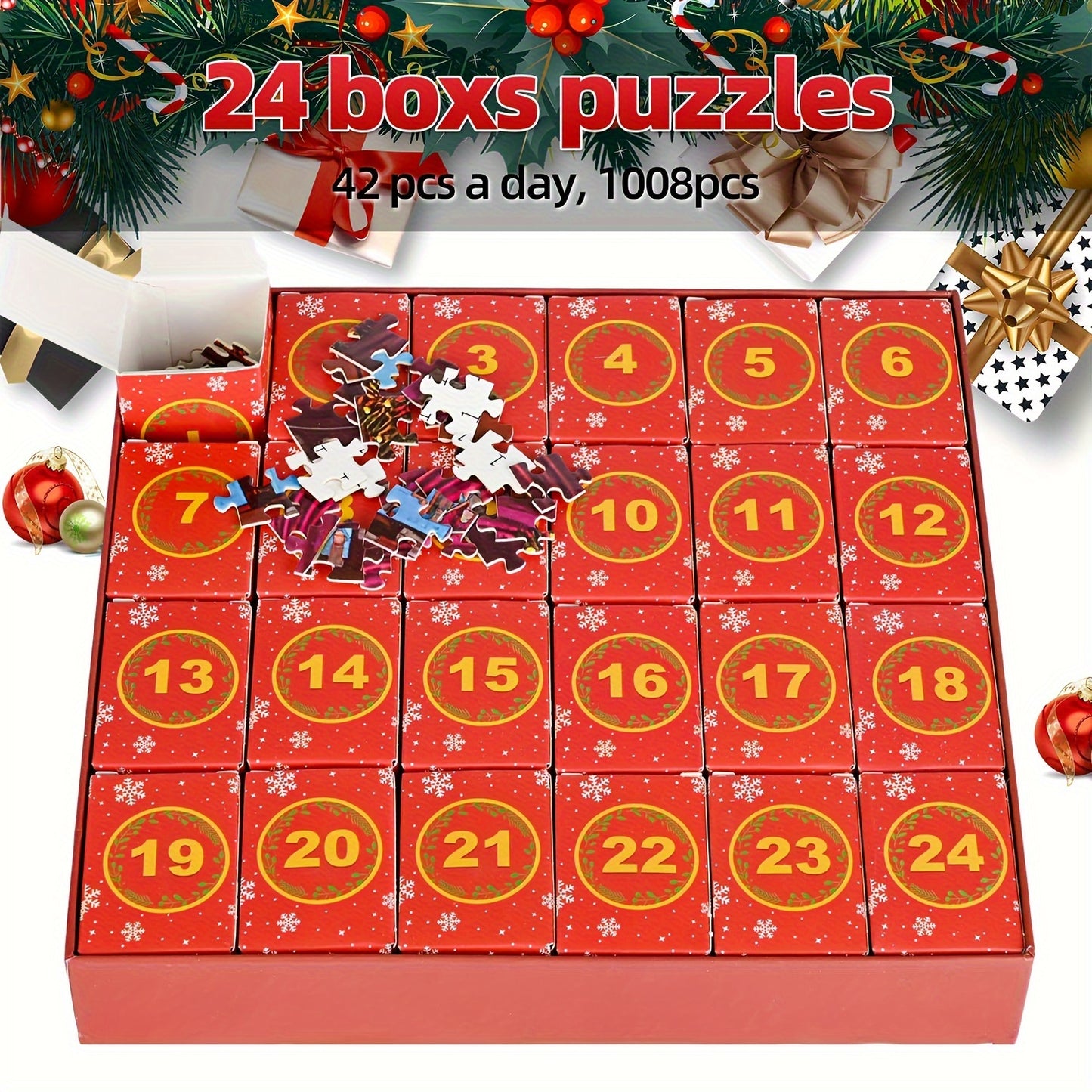 Karácsonyi Adventi Puzzle Kalendárium Mikulással, rénszarvassal és havas falusi jelenettel - 24 napos adventi naptár