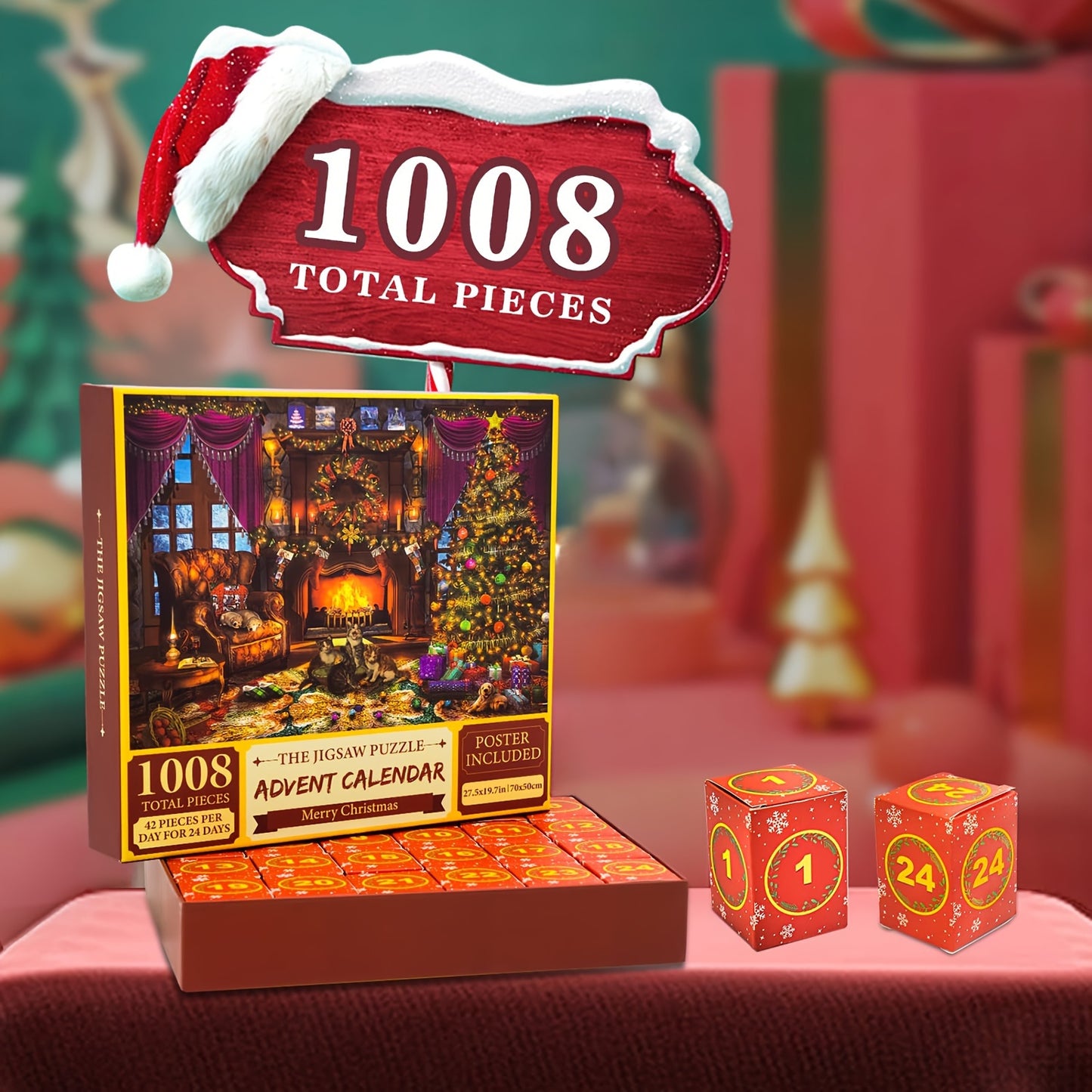 Karácsonyi Adventi Puzzle Kalendárium Mikulással, rénszarvassal és havas falusi jelenettel - 24 napos adventi naptár