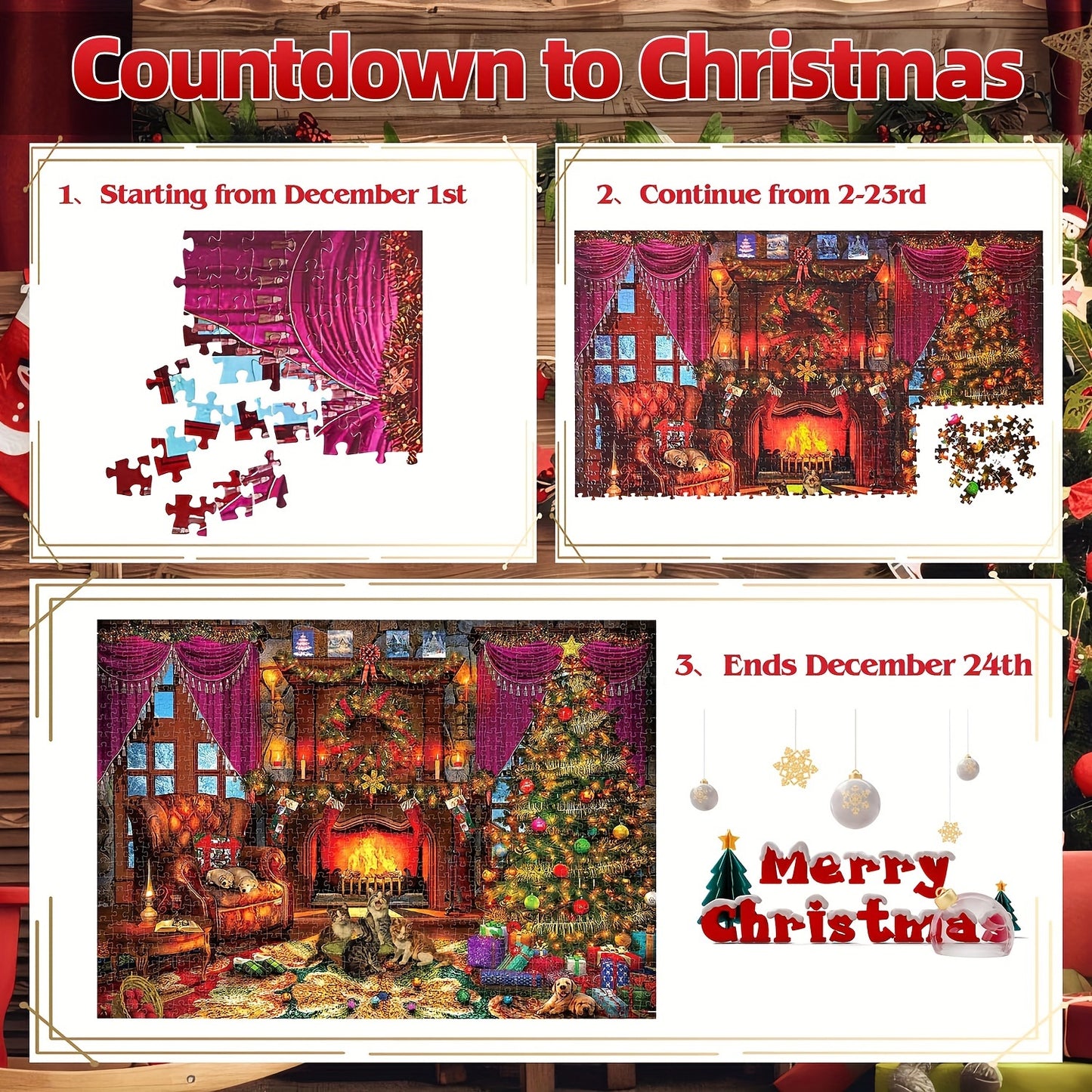 Karácsonyi Adventi Puzzle Kalendárium Mikulással, rénszarvassal és havas falusi jelenettel - 24 napos adventi naptár