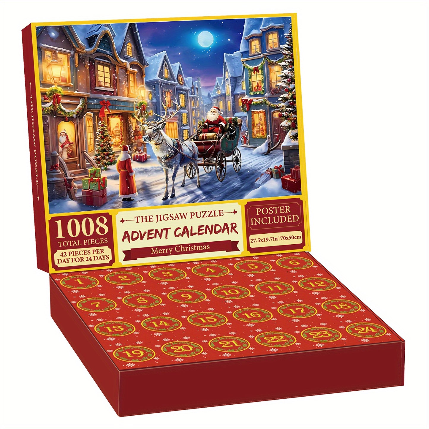 Karácsonyi Adventi Puzzle Kalendárium Mikulással, rénszarvassal és havas falusi jelenettel - 24 napos adventi naptár