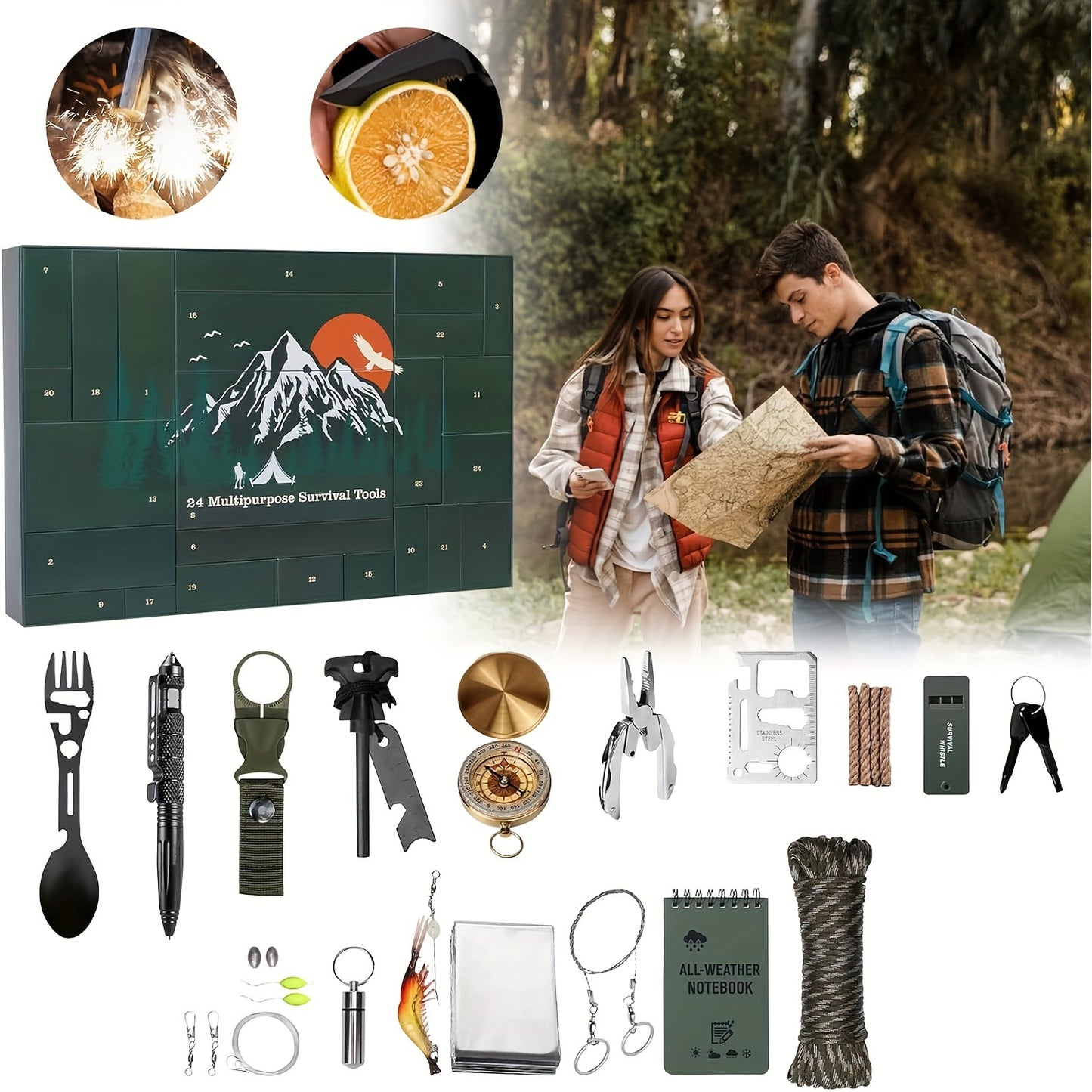 24 Napos Túlélő Eszközkészlet - Survival Kit Adventi Naptár, Outdoor Kütyük és Ajándékok Férfiaknak