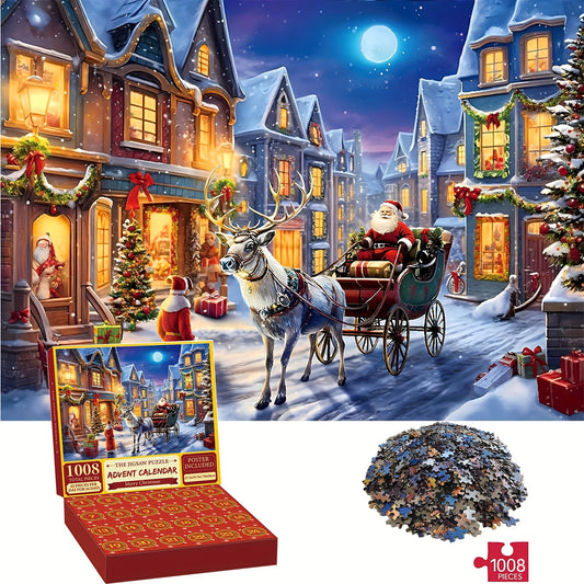 Karácsonyi Adventi Puzzle Kalendárium Mikulással, rénszarvassal és havas falusi jelenettel - 24 napos adventi naptár