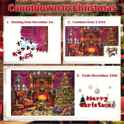 Karácsonyi Adventi Puzzle Kalendárium Mikulással, rénszarvassal és havas falusi jelenettel - 24 napos adventi naptár