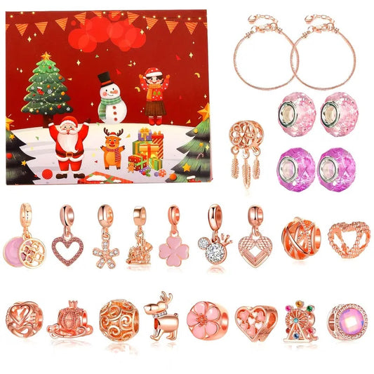 24 napos adventi kalendárium karácsonyi karkötővel, rose gold és arany díszekkel díszdobozban